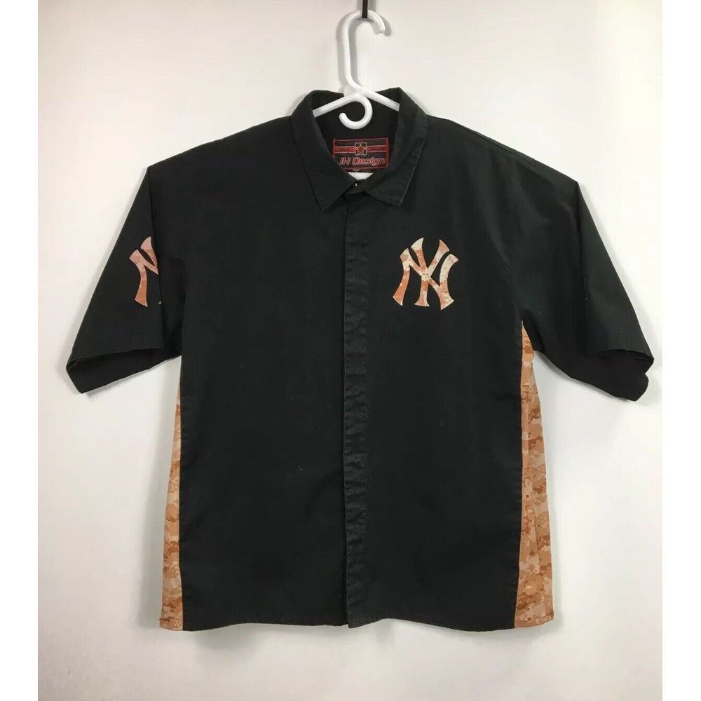 JH Design MLB Yankees Shirt Mens Size XL Black Snap Button Short Sleeve Baseball
